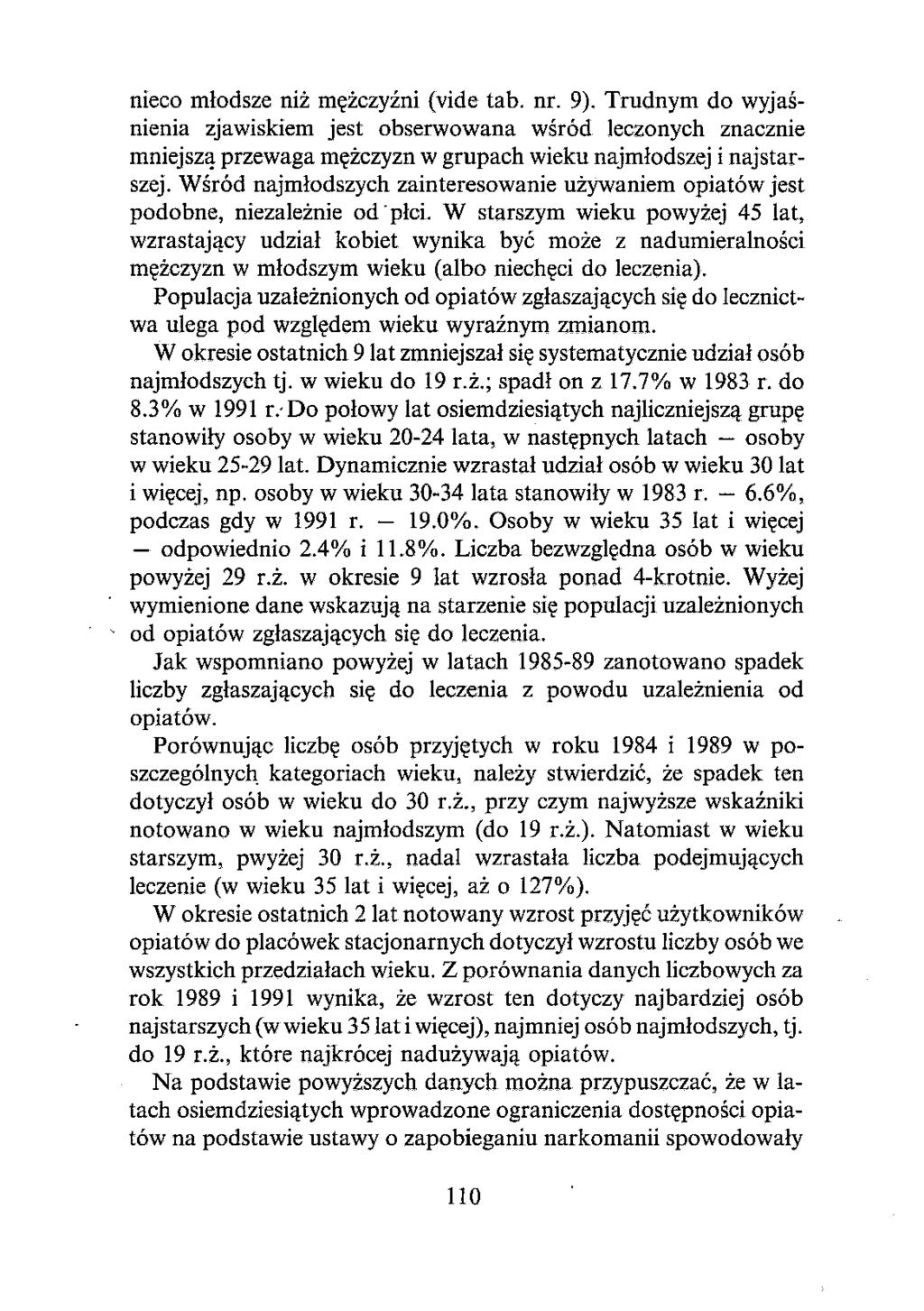 nieco młodsze niż mężczyźni (vide tab. nr. 9). Trudnym do wyjaśnienia zjawiskiem jest obserwowana wśród leczonych znacznie mniejszą przewaga mężczyzn w grupach wieku najmłodszej i najstarszej.