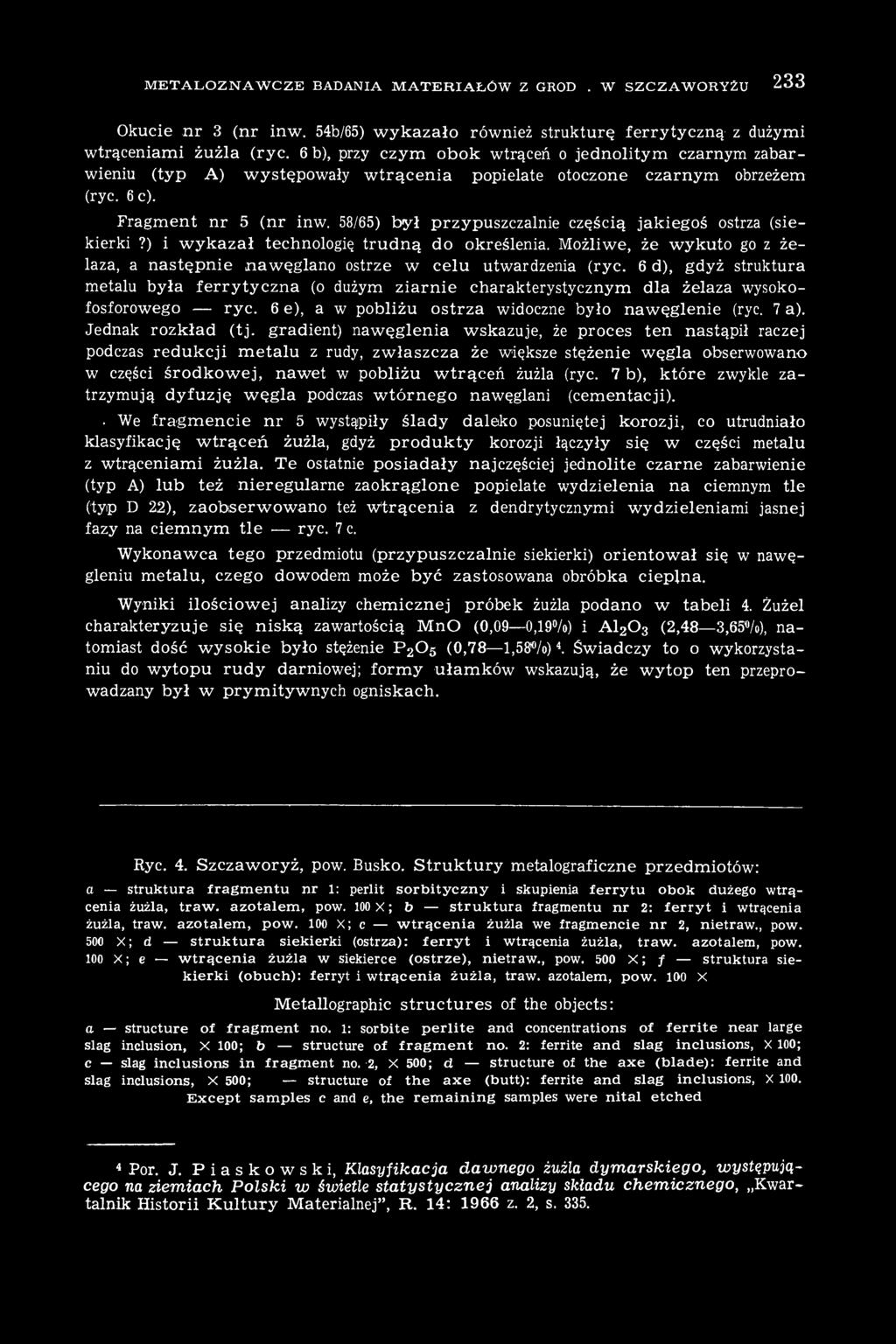 gradient) nawęglenia wskazuje, że proces ten nastąpił raczej podczas redukcji metalu z rudy, zwłaszcza że większe stężenie węgla obserwowano w części środkowej, nawet w pobliżu wtrąceń żużla (ryc.