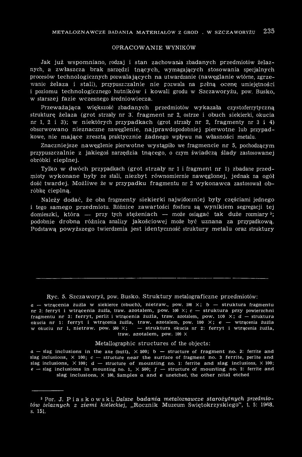 technologicznych pozwalających na utwardzanie (nawęglanie wtórne, zgrzewanie żelaza i stali), przypuszczalnie nie pozwala na pełną ocenę umiejętności i poziomu technologicznego hutników i kowali