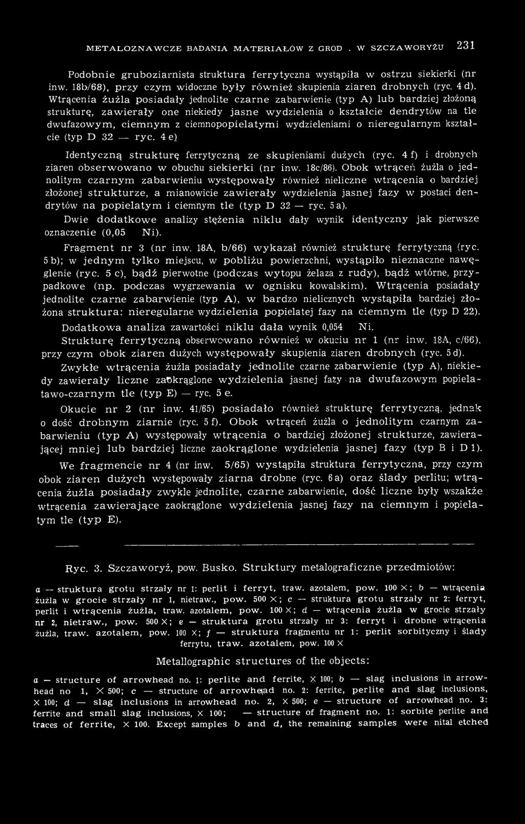 Wtrącenia żużla posiadały jednolite czarne zabarwienie (typ A) lub bardziej złożoną strukturę, zawierały one niekiedy jasne wydzielenia o kształcie dendrytów na tle dwufazowym, ciemnym z