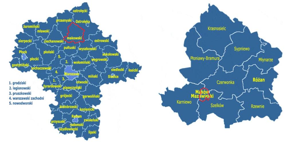 Ryc. 1. Położenie Miasta Maków Mazowiecki na tle województwa mazowieckiego i powiatu makowskiego Źródło: www.gminy.