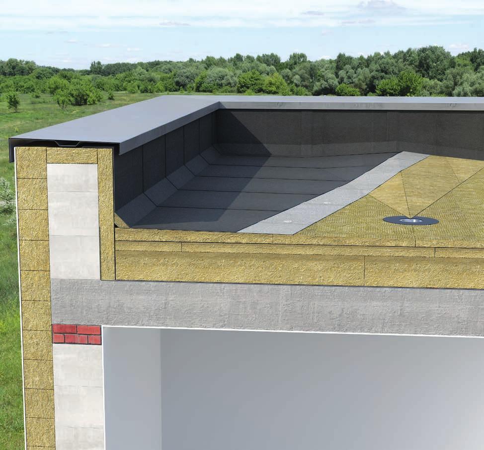 Ocieplenie dachu płaskiego na stropie betonowym warstwy mocowane łącznikami 9 8 7 6 5 4 3 1 1 Strop masywny 6 3 4 Paroizolacja samoprzylepna ROCKFOL SK 1834 II Ocieplenie MONROCK