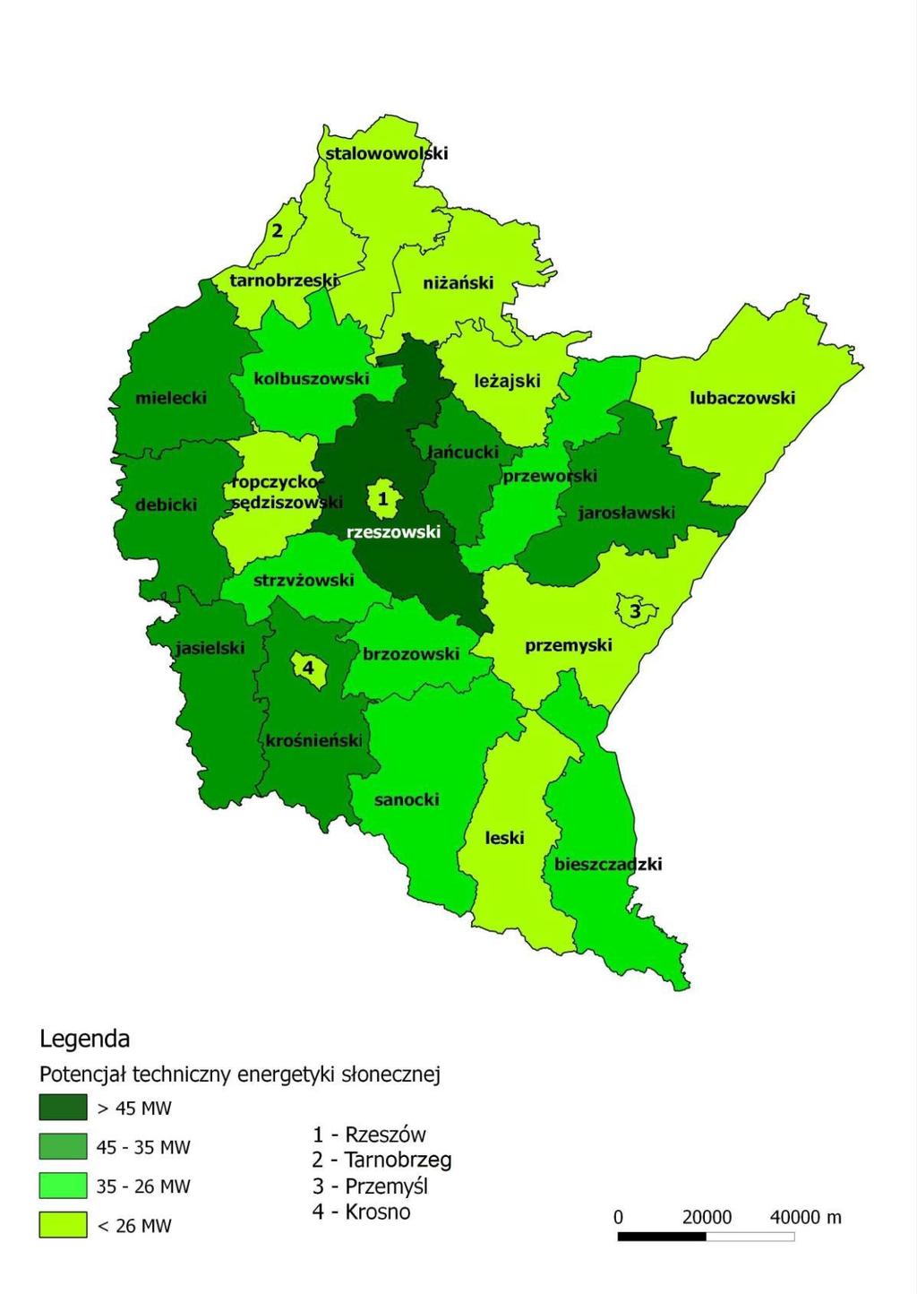 Potencjał techniczny energetyki słonecznej charakteryzuje się niezbyt dużym zróżnicowaniem w poszczególnych powiatach. W województwie podkarpackim występuje duże zainteresowanie rozwojem fotowoltaiki.