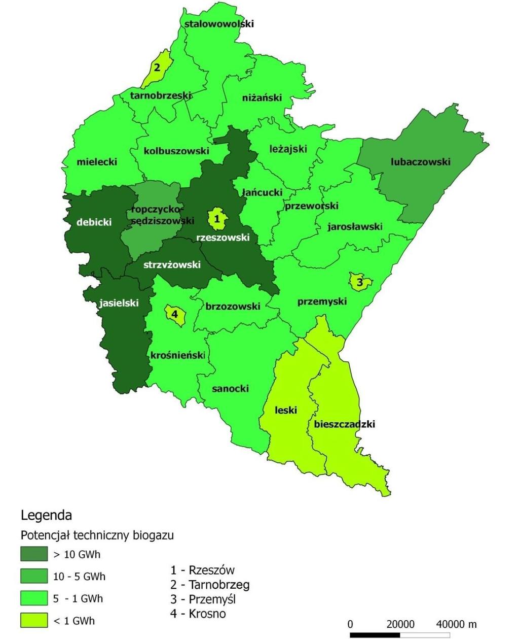 Mapa 3 Potencjał techniczny produkcji biogazu rolniczego w Województwie Podkarpackim Źródło: Wojewódzki Programu Rozwoju Odnawialnych Źródeł Energii dla Województwa Podkarpackiego Dużym ograniczeniem