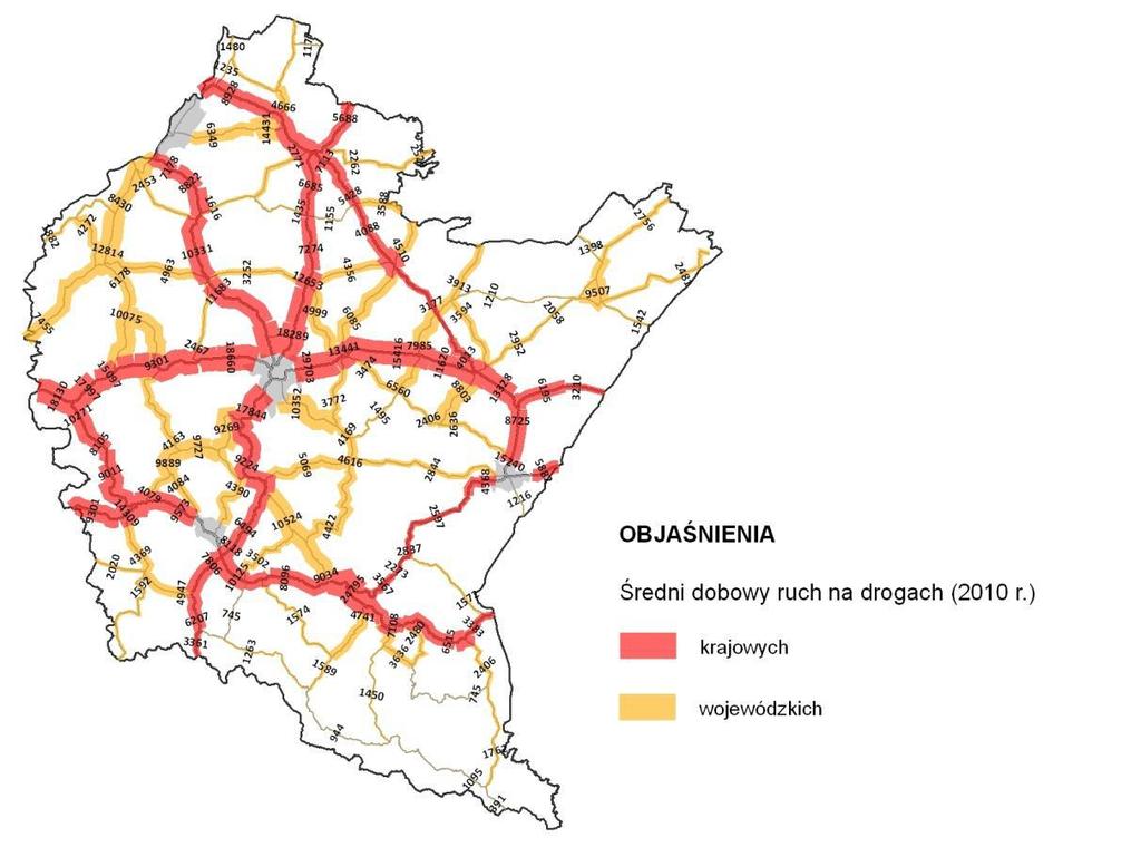 Mapa 12 Średnioroczny ruch dobowy na drogach krajowych i wojewódzkich w 2010 r- Województwo Podkarpackie Żródło: Program Strategiczny Rozwoju Transportu Województwa Podkarpackiego do roku 2023 Drogi
