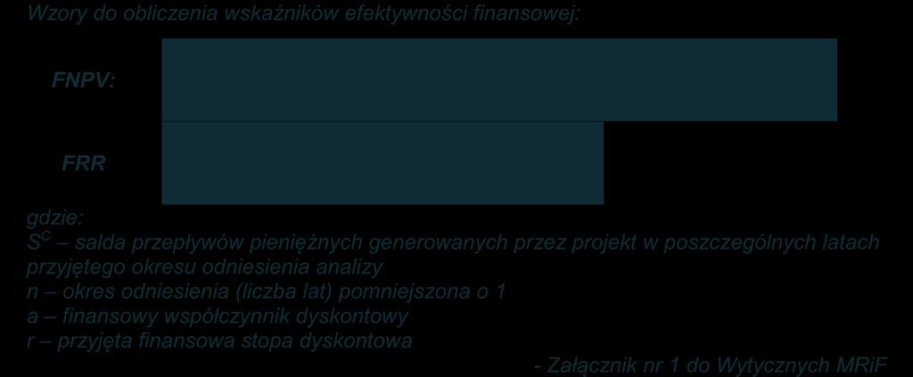 Wzory do obliczenia wskaźników efektywności finansowej: FNPV: FRR gdzie: S C salda przepływów pieniężnych generowanych przez projekt w poszczególnych latach przyjętego okresu odniesienia analizy n