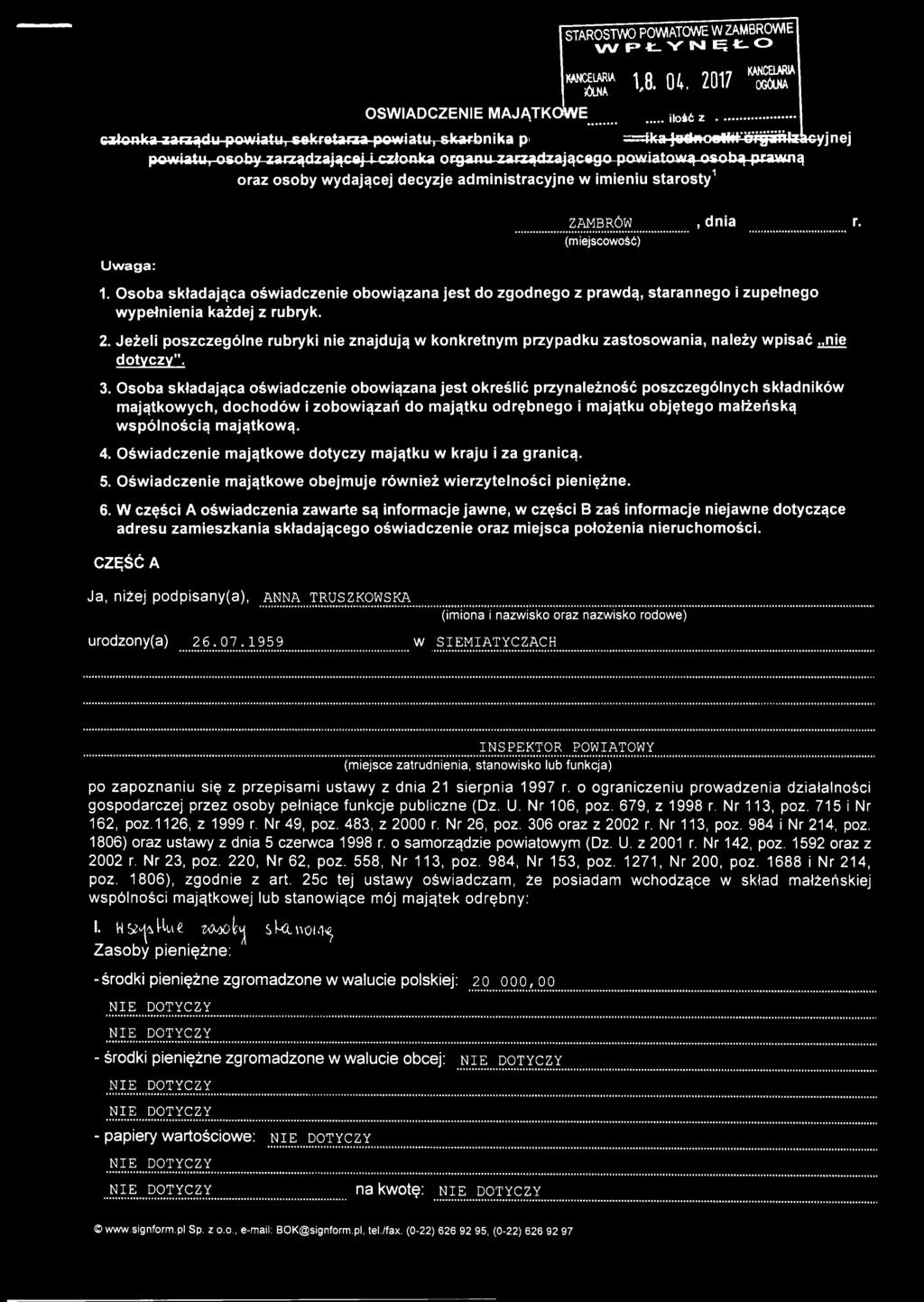 decyzje administracyjne w imieniu starosty1 Uwaga: Z2MBRÓW..., dnia r. (miejscowość) 1.
