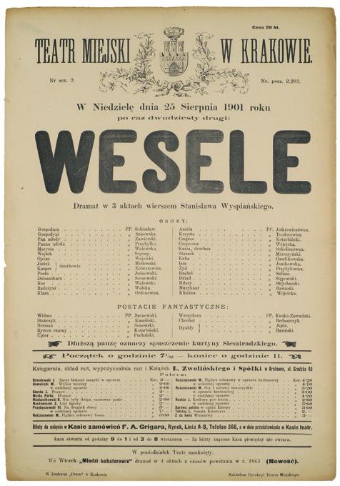 Afisz ze spektaklu Wesele w Teatrze Miejskim w Krakowie, 1901, Biblioteka Narodowa PRZYGOTOWANIA DO WESELA SZCZEGÓŁY 1. Zapraszamy drużyny od 2 do 4 osób.