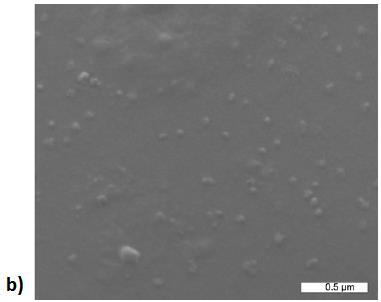 Rys. 6. Zdjęcia mikroskopowe SEM materiałów szklano-ceramicznych zawierających nanokryształy CaF 2 wygrzewanych w temperaturze 730ºC przez 15 minut; a) powiększenie 1 m, b) powiększenie 0,5 m [28].