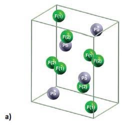 Rys. 8. Struktura krystaliczna PbF 2: a) odmiana rombowa -PbF 2, b) odmiana regularna -PbF 2 [60]. W odpowiednich warunkach można także otrzymać rzadką heksagonalną fazę PbF2.