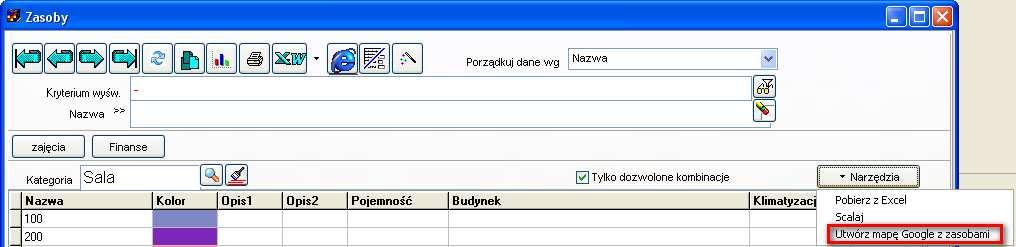 Lokalizacje zasobów są zaznaczone na mapie za pomocą czerwonych wskaźników z podpisami.