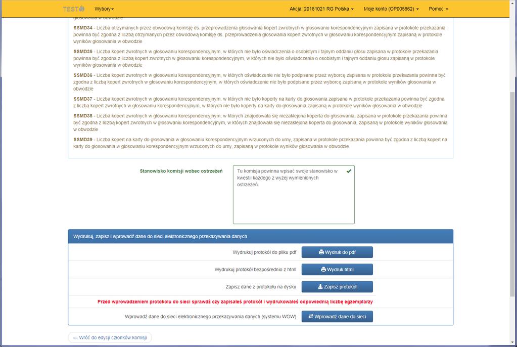 Po wprowadzeniu protokołu dostępne są opcje wydruku, zapisu na