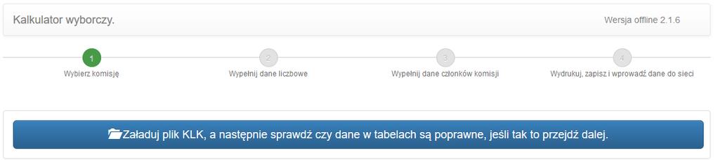 Po rozpakowaniu paczki z kalkulatorem i zapoznaniu się z treścią pliku Przeczytaj_to.txt uruchamiamy plik kalkulator.html Następnie należy załadować odpowiedni plik KLK.