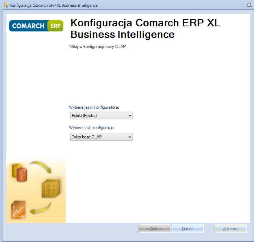 Services). Aby wykreować nową bazę należy uruchomić Konfigurator Business Intelligence i ustawić w oknie powitalnym tryb konfiguracji na Tylko baza OLAP i kliknąć Dalej.