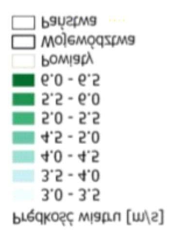 Bada się nie tylko prędkość wiatru w poszczególnych okresach roku, ale także jego zmienność na danej wysokości nad poziomem gruntu (n.p.g.). Przykładową mapę wietrzną pokazano na rysunku 1.