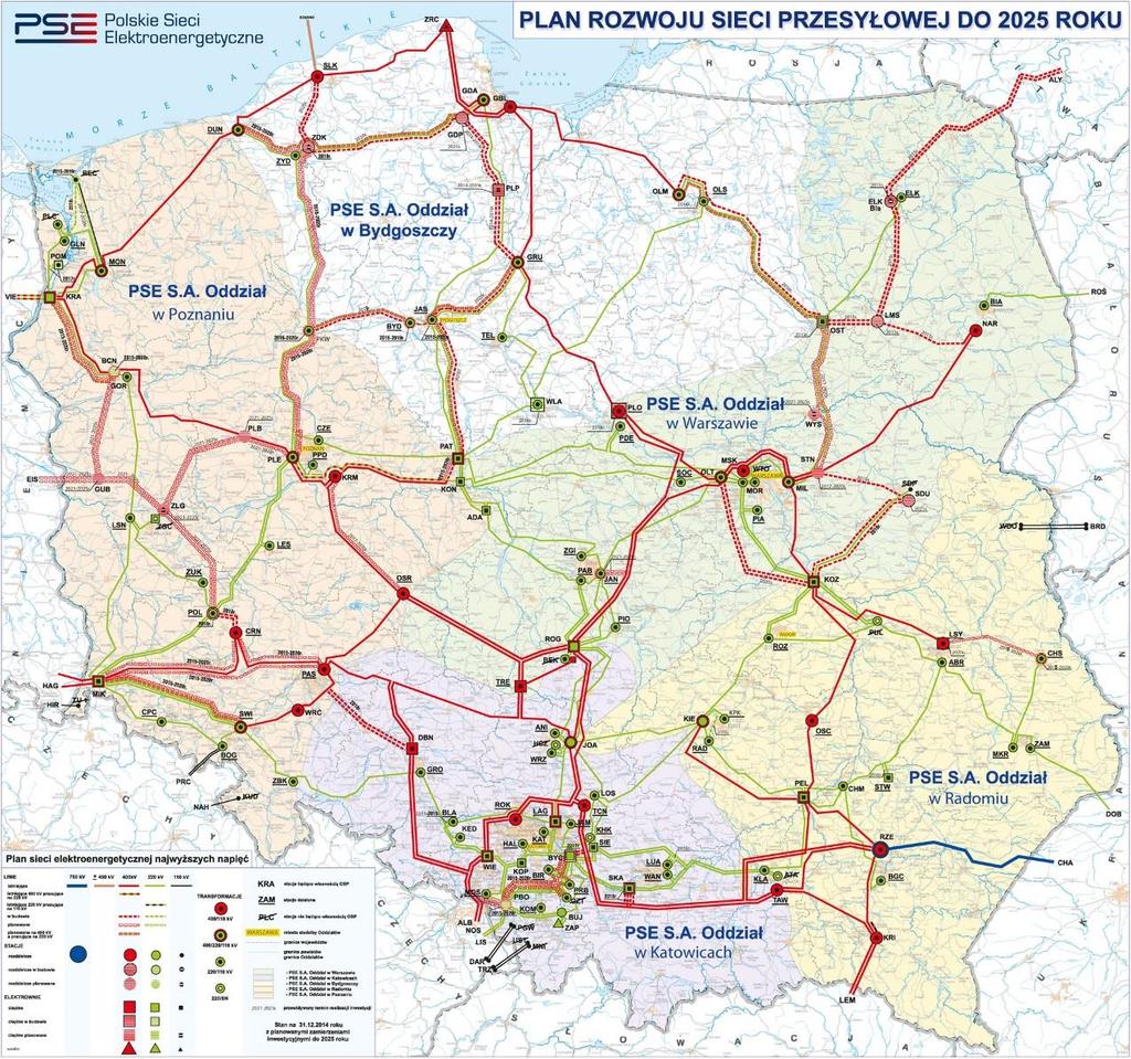 Mapa Krajowej Sieci Elektroenergetycznej 246 linii o łącznej długości 13 519 km, w tym: 1 linia o napięciu 750 kv o długości 114 km, 77 linii o napięciu 400 kv o łącznej długości