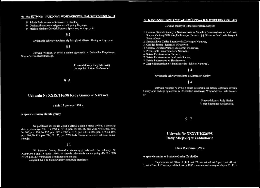 9 6 Przewodniczący Rady Miejskiej /-/ mgr inż. Antoni Stafanowicz Uchwała Nr XXIX/216/98 Rady Gminy w Narewce z dnia 17 czerwca 1998 r. Wykaz gminnych jednostek organizacyjnych: 1.