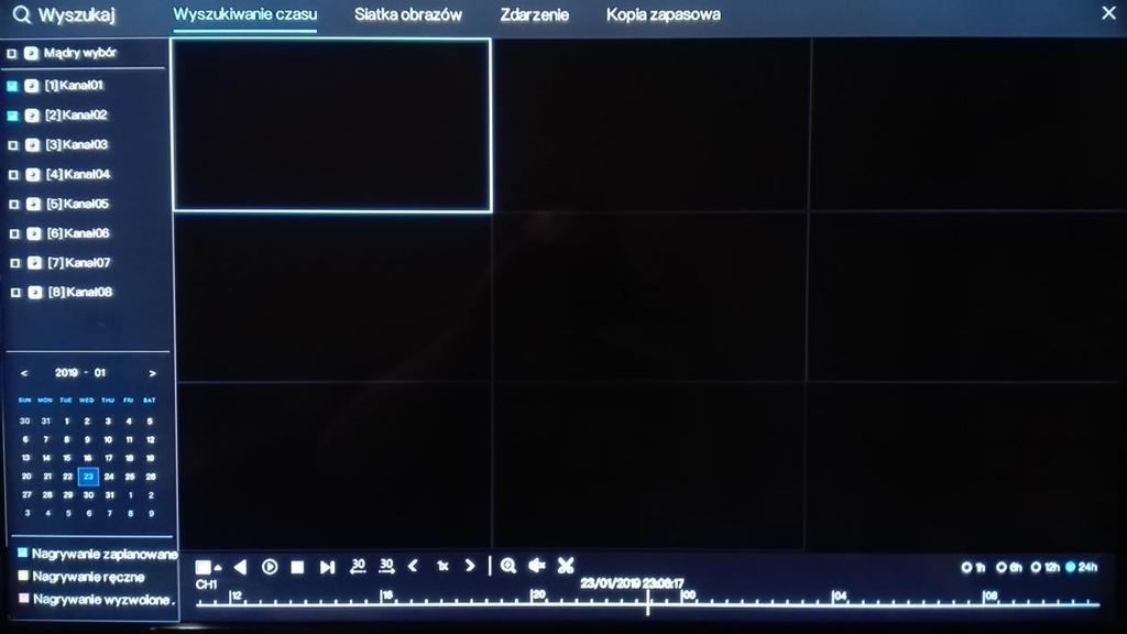 - Wyszukiwanie czasu - Siatka obrazów - Zdarzenie 4.1 Wyszukiwanie czasu Wyszukiwanie czasu odtwarzanie wymagające wyboru kamer, określonej daty oraz trybu w jakim wykonano nagrywanie.