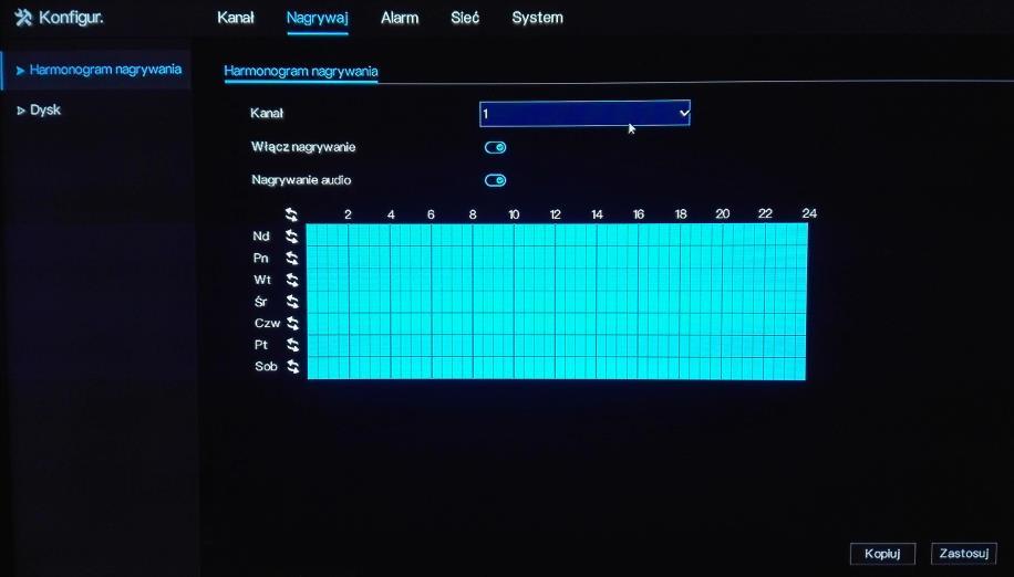 W menu tym na obrazie można za pomocą myszki umiejscowić do 4 stref zastrzeżonych na kadrze kamery, z których obraz nie będzie nagrywany ani widoczny w podglądzie na żywo.