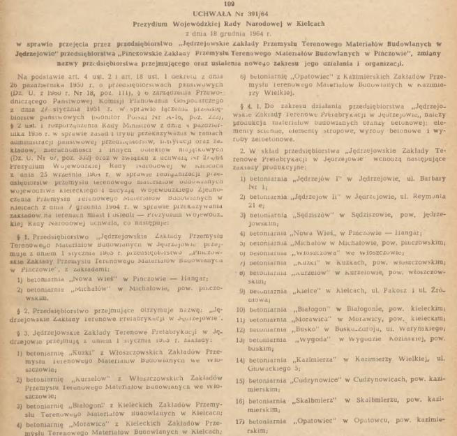 Urzędowy WRN w Kielcach z uchwałą (Uchwała Nr 391/64 Prezydium Wojewódzkiej Rady Narodowej w Kielcach z dnia 18 grudnia 1964 r.