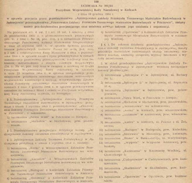 Urzędowy WRN w Kielcach z uchwałą (Uchwała Nr 391/64 Prezydium Wojewódzkiej Rady Narodowej w Kielcach z dnia 18 grudnia 1964 r.