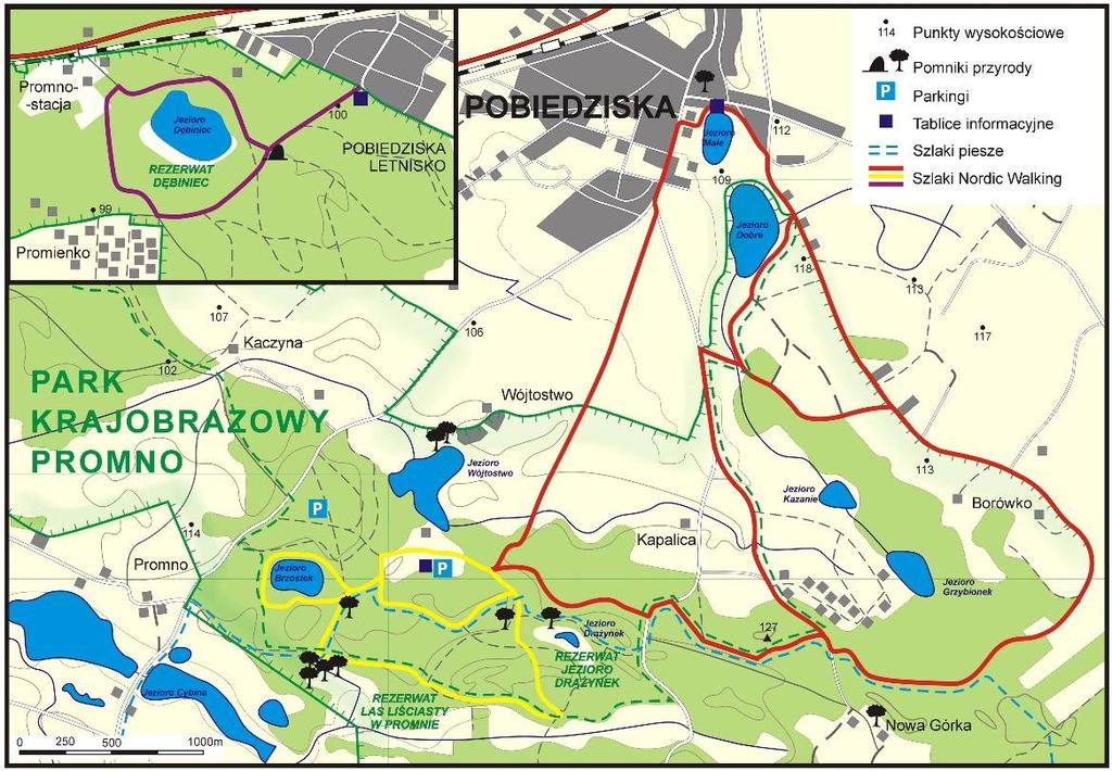 Pobiedziska - Kapalica (około 10 km); szlak prowadzi od zabytkowej miejskiej zabudowy Pobiedzisk poprzez otulinę Parku Krajobrazowego prommo, aż do jego serca, gdzie można podziwiać urokliwy Rezerwat