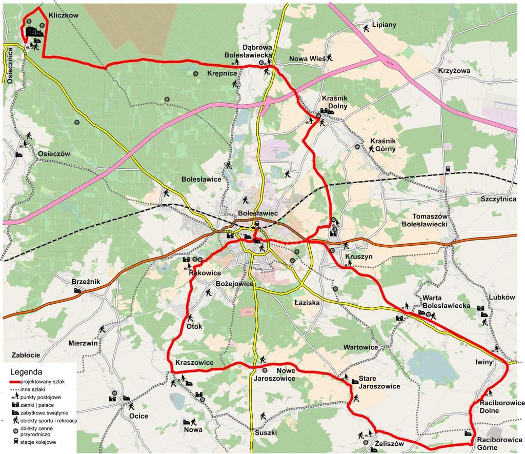 Powiązania szlaku Projektowany szlak Łużyce Bory Kliczków: szlak niebieski - Bory Dolnośląskie szlak żółty - Śląsko - Łużycki Krępnica, Dąbrowa Bolesławiecka, Kraśnik Dolny: szlak czerwony - Miedzi i