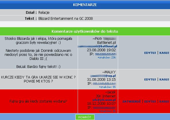 MODERATOR KOMENTARZE Po wybraniu polecenia POKAś pokaŝe się widok dodanych komentarzy do danego tekstu. Moderator moŝe poddać edycji treść komentarza lub całkowicie go usunąć.
