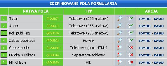 Powiązanie formularzy pole korelujące rekordy z innej kategorii PowyŜsza lista pokazuje dodane pola formularza. Jest moŝliwość ich edycji oraz kasowania. 2.
