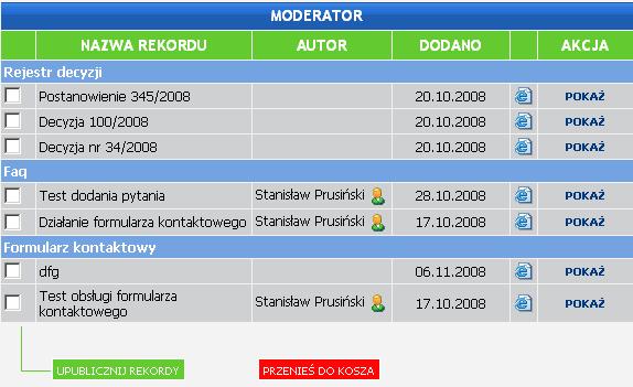 Autor dokumentu automatycznie wstawiane imię i nazwisko osoby dodającej Data publikacji- data publikacji rekordu (moŝe być przyszła) Archiwizuj- określenie archiwizacji indywidualnej dla rekordu
