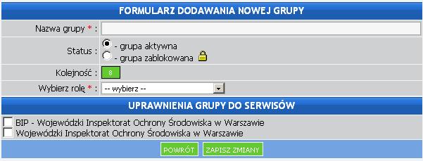 1.6. Dodawanie nowej grupy głównej Aby utworzyć nową grupę główną klikamy polecenie DODAJ NOWĄ GRUPĘ GŁÓWNĄ. Edycja dostępu do konkretnych serwisów WWW.