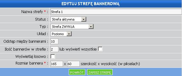 Wyświetlaj losowo: - to zaznaczenie powoduje dodanie bannera do puli bannerów wyświetlanych losowo (patrz rozdział Dodawanie i edycja strefy bannerowej) Po wypełnieniu wymaganych pól dodajemy nowy