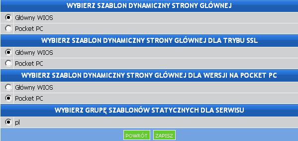 1.1. Szablon serwisu Szablony strony głównej serwisu W tej opcji moŝemy wybrać szablon wyświetlania strony głównej serwisu, mamy równieŝ moŝliwość ustawienia szablonu zaprojektowanego specjalnie dla