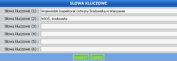 1.11. Słowa kluczowe W tej zakładce moŝemy zdefiniować szereg słów kluczowych, dzięki którym wyszukiwarki internetowe będą odnajdywały stronę naszego serwisu.