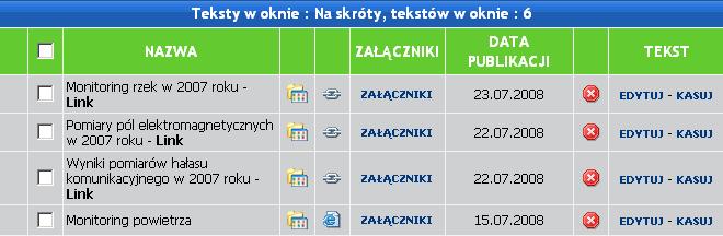 Polecenie POKAś TEKSTY Po wybraniu polecenia POKAś TEKSTY wyświetlone zostanie okno z listą tekstów przypisanych do danego okna, np.