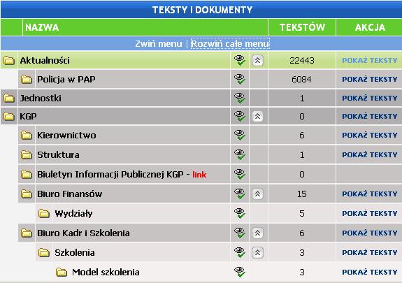 informację o tym, czy dany dział jest widoczny lub/i aktywny ( ), czy teŝ niewidoczny lub/i nieaktywny ( ) - edycja tych ustawień moŝliwa jest w zakładce Struktura menu (patrz 5.