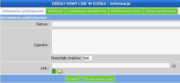 Aby dodać nowy link wybieramy polecenie DODAJ NOWY LINK.