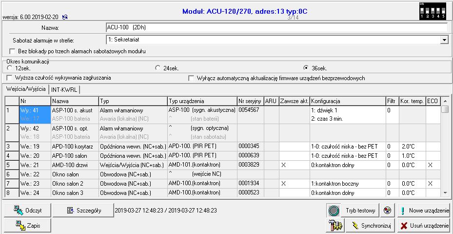 SATEL ACU-280 13 grupie 8 wyjść). Na urządzenia zajmujące 8 pozycji system musi zarezerwować 16 wejść i 16 wyjść oraz 2 adresy.
