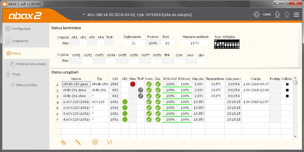 SATEL ACU-280 39 9.3 Status Rys. 16. Program ABAX 2 Soft: zakładka Status.