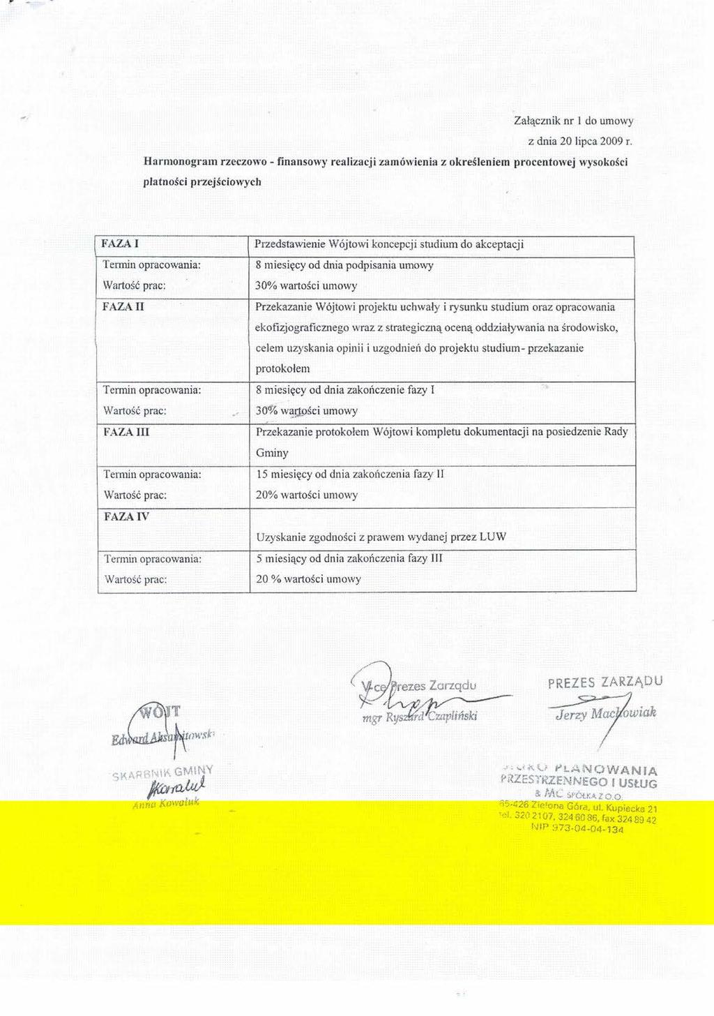 Załącznik nr l do umowy z dnia 20 lipca 2009 I.