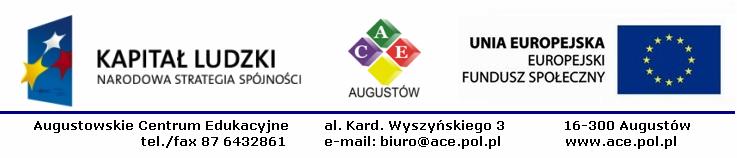 SPECYFIKACJA ISTOTNYCH WARUNKÓW ZAMÓWIENIA Nasz znak: ACE /DJ/13/13 Zamawiający: Augustowskie Centrum Edukacyjne Al. Kard. Wyszyńskiego 3 16 300 Augustów tel / fax: 876432861 www.ace.pol.