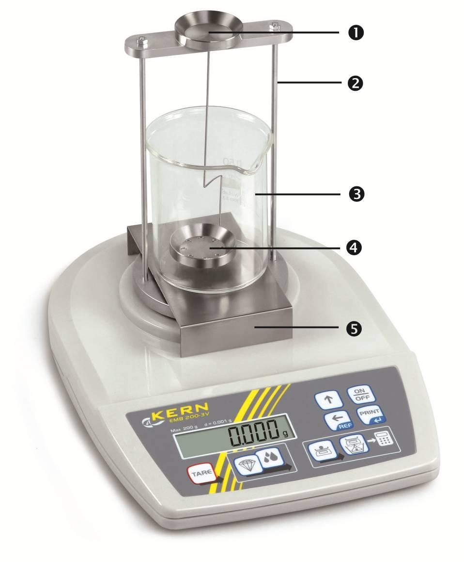 2.1 Waga KERN EMB 200-3V z zainstalowanym zestawem do oznaczania gęstości KERN YDB-01 Górna szalka na próbki koszyczka