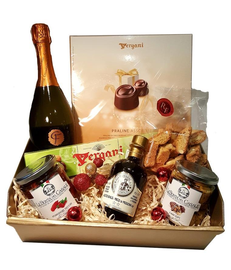 ZESTAW NR 10 PUGLIA C185 185,00 zł/brutto Bombonierka Vergani Praline 200g Wino Prosecco Casa dei Farive Vergani Torrone miękkie migdałowe 150g Pomidory suszone Dispac 314ml