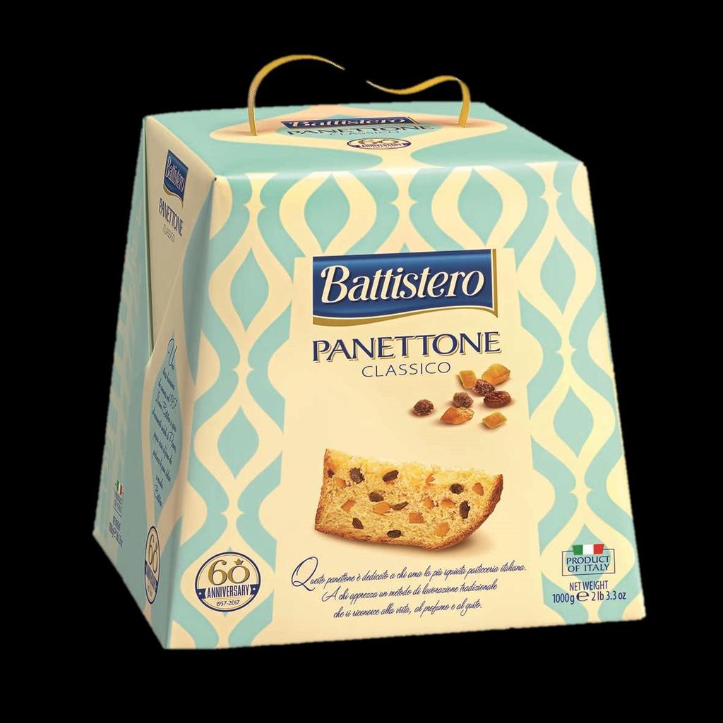 PANETTONE CLASSICO 500g 21,50 zł/brutto 900g 32,50 zł/brutto KRAJ POCHODZENIA: WŁOCHY, VENETO OPIS: Żółte w kolorze ciasto panettone z dodatkiem rodzynek i skórki pomarańczowej.