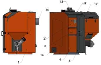 podajnik paliwa; 4 drzwiczki popielnikowe; 12 zasobnik paliwa; 5 drzwi osłonowe; 13 regulator elektroniczny; 6