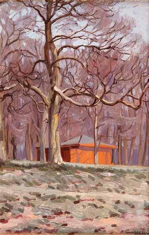POUSTOCHKINE (1893-1973) Zabudowania w parku olej/tektura, 24 x 16