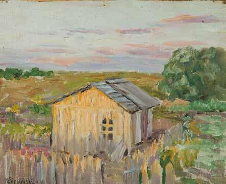 Chata olej/płótno naklejone na tekturę, 26 x 31,5 cm (w świetle passe-partout) sygnowany l.d.
