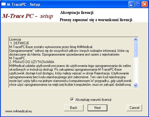 Po zapoznaniu się z warunkami licencji użytkownik powinien zaznaczyć pole Akceptuję warunki licencję