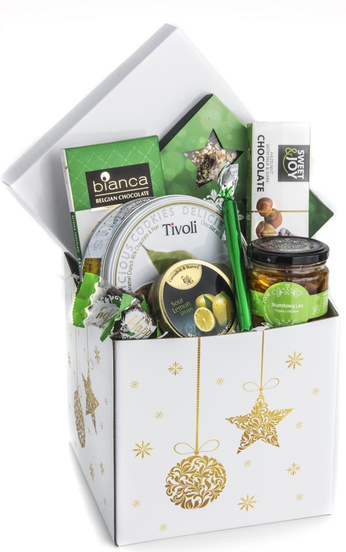 KUFEREK TIVOLI *Puszka duńskich ciasteczek cytrynowych 150g *Puszka karmelków owocowych 50g *Sopel choinkowy świąteczny *Tabliczka wybornej czekolady gorzkiej z migdałami 100g *Pigwa w syropie z