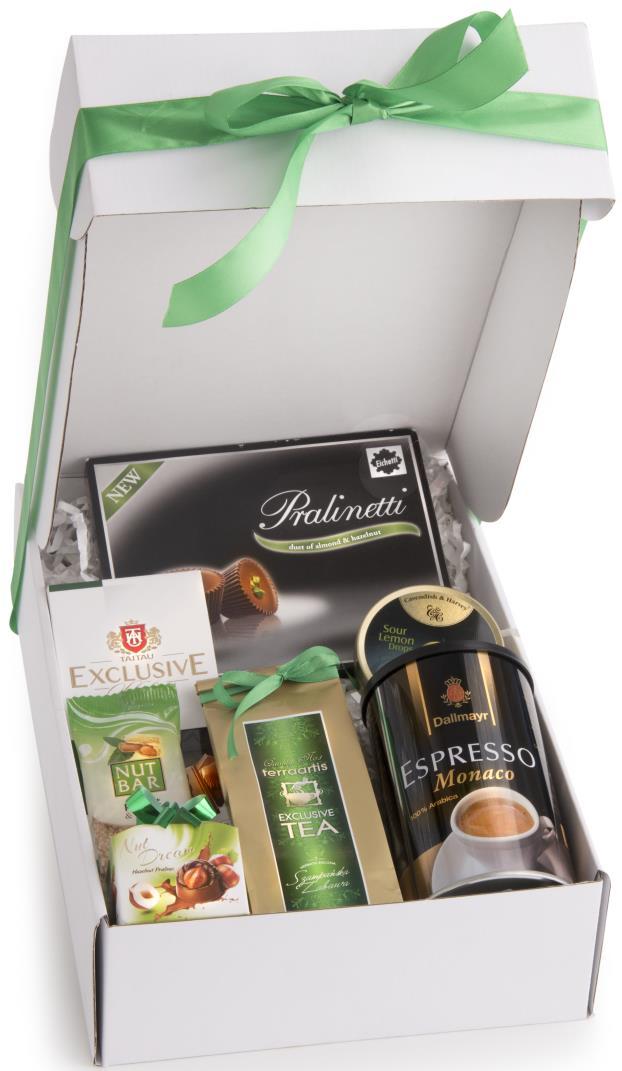 ZESTAW BIANCO *Herbata aromatyzowana w sakiewce z kokardką 50g *Kawa Espresso Monaco 100% arabica w puszce 200g *Tabliczka wyśmienitej czekolady 62% 100g *Czekoladki nadziewane z kawałkami orzeszków